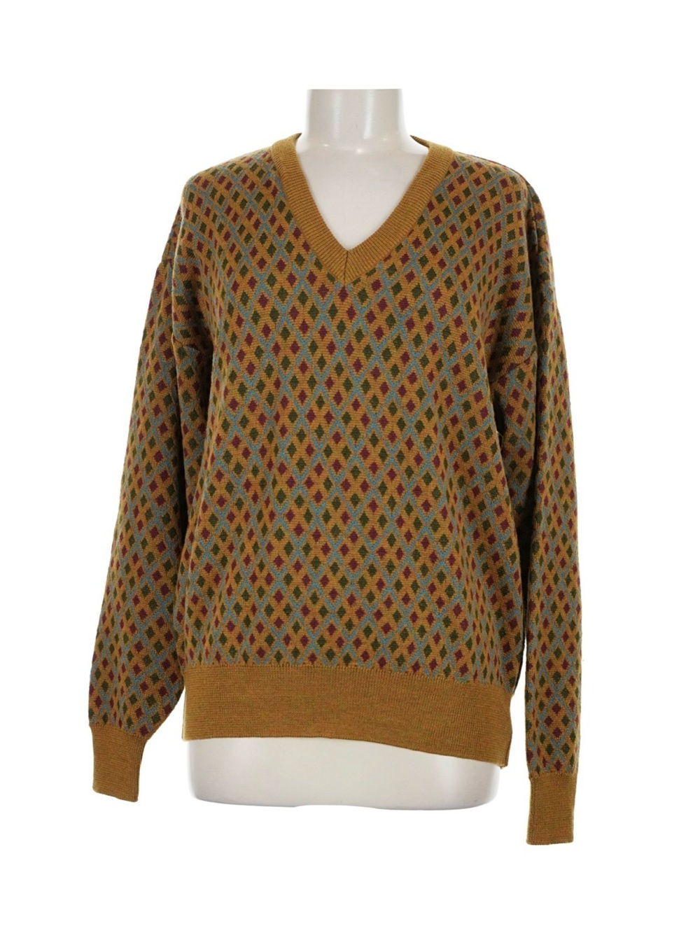NWOT Vintage Christian Dior Sports Wool Argyle V Neck Sweater Mustard M